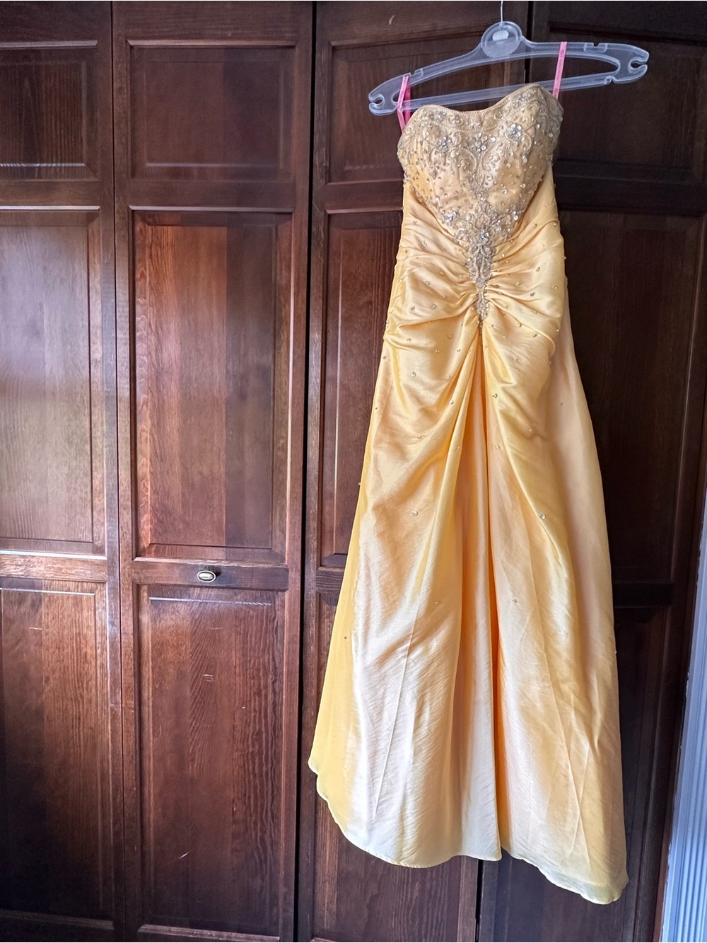 Strapless Yellow Prom Dress with Beaded Bodice